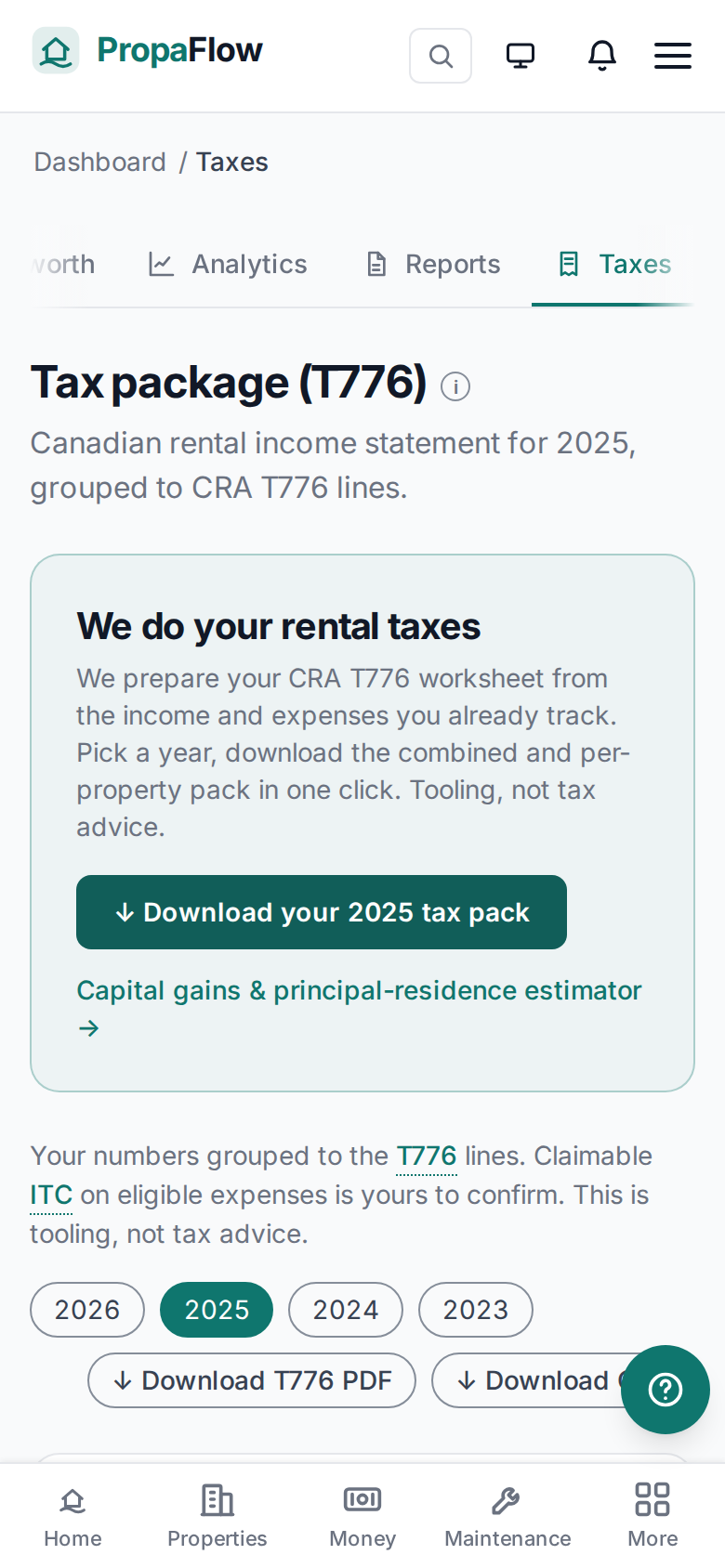 Wealtharu tax package grouping rental income and expenses to CRA T776 lines, with a per-property breakdown.